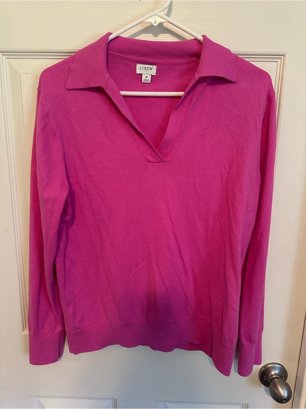 J. Crew Bright Pink Collared V-Neck Sweater